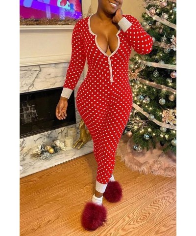 Women Sexy Deep V Neck Christmas Jumpsuit Pajama Long Sleeve One Piece Bodycon Rompers Overall Sleepwear Dot Red $11.61 Jumps...