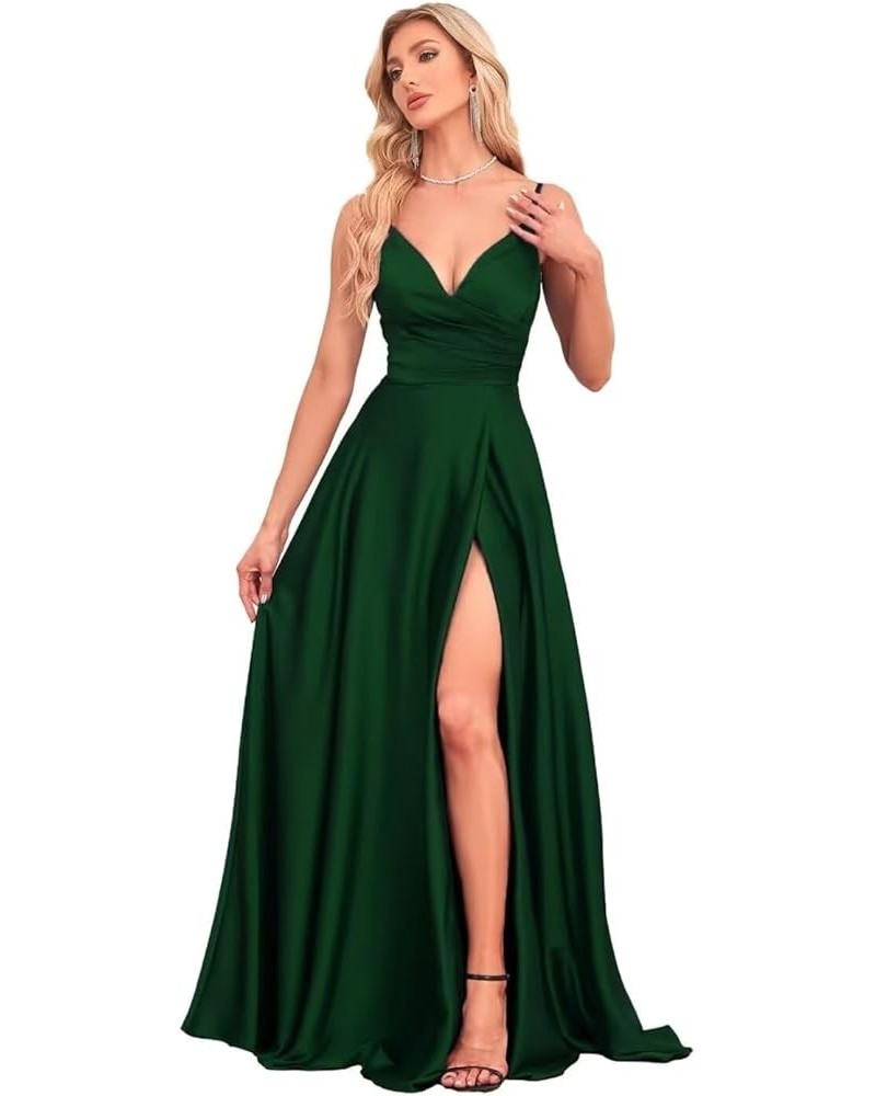 Women's Satin V Neck Bridesmaid Dresses 2024 Spaghetti Straps Prom Dress A Line Formal Party Dress with Slit ZW01 Emerald Gre...