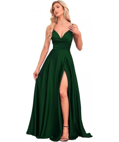 Women's Satin V Neck Bridesmaid Dresses 2024 Spaghetti Straps Prom Dress A Line Formal Party Dress with Slit ZW01 Emerald Gre...