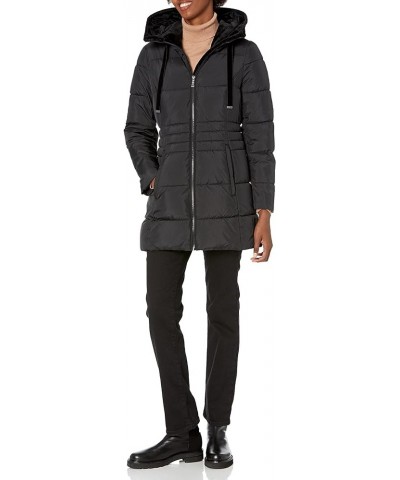 Women's Puffer Jacket with Velvet Lined Hood and Tunnel Neck Black $50.04 Jackets