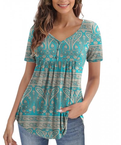 Womens Summer Tops V Neck Buttons Pleated Flared Plus Size Blouses M-4X 3-multi Green $8.80 Blouses