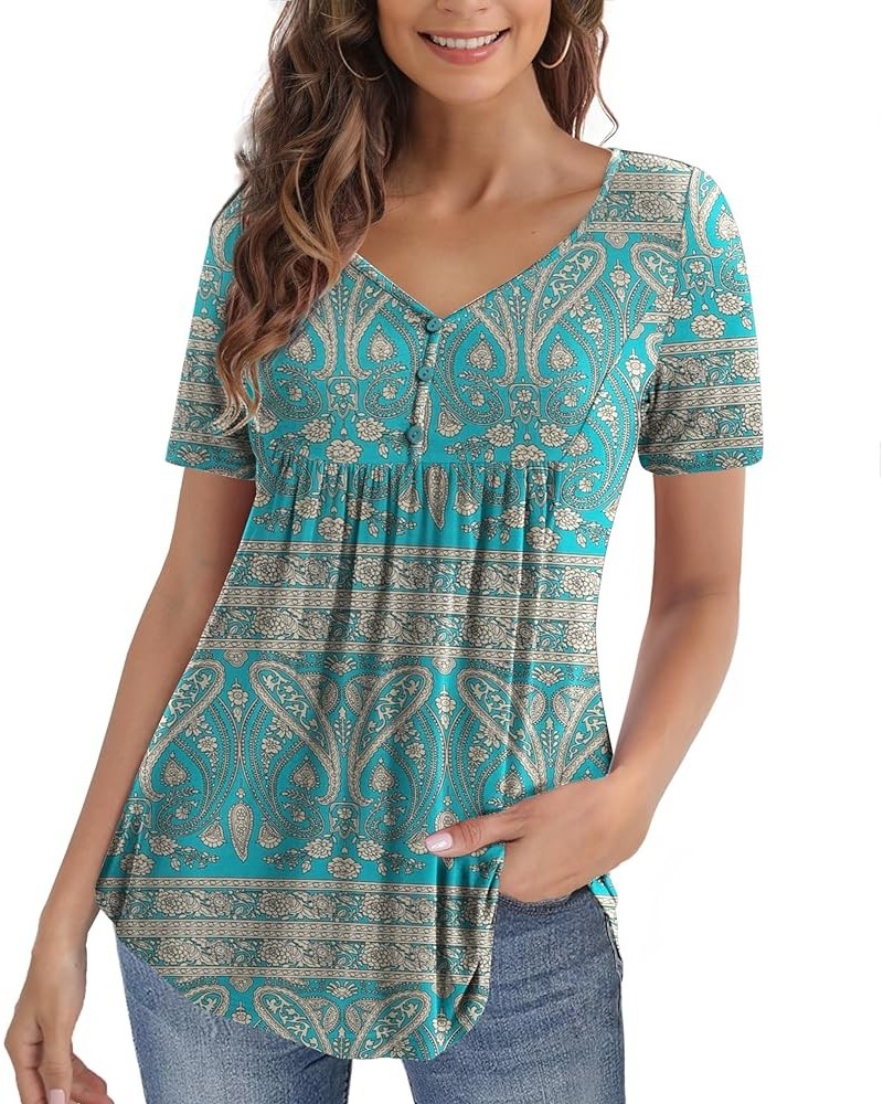 Womens Summer Tops V Neck Buttons Pleated Flared Plus Size Blouses M-4X 3-multi Green $8.80 Blouses