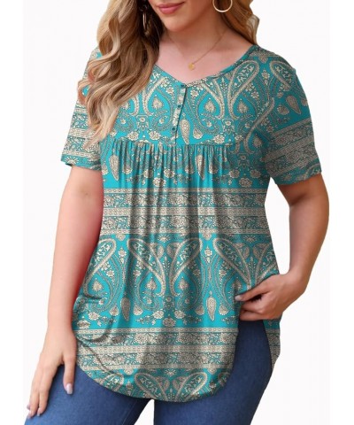 Womens Summer Tops V Neck Buttons Pleated Flared Plus Size Blouses M-4X 3-multi Green $8.80 Blouses