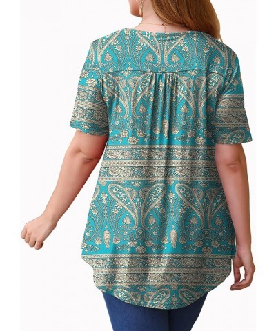 Womens Summer Tops V Neck Buttons Pleated Flared Plus Size Blouses M-4X 3-multi Green $8.80 Blouses