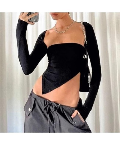 Square Neck Long Sleeve Crop Top for Women Sexy Basic Ribbed Tee Shirts Y2k Tops Tight Black $8.11 T-Shirts