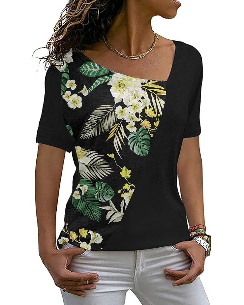 Womens Summer Tops Short Sleeve Casual Shirts Asymmetric Neck Color Block Tunic 2- Green Leaf Lily $8.24 Tops