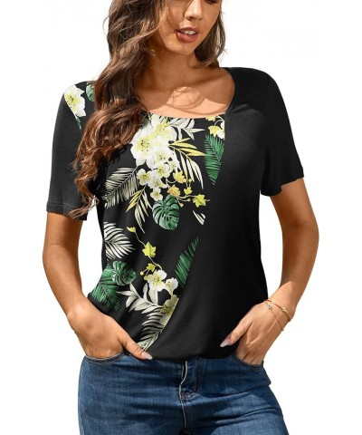 Womens Summer Tops Short Sleeve Casual Shirts Asymmetric Neck Color Block Tunic 2- Green Leaf Lily $8.24 Tops