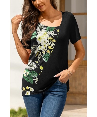 Womens Summer Tops Short Sleeve Casual Shirts Asymmetric Neck Color Block Tunic 2- Green Leaf Lily $8.24 Tops