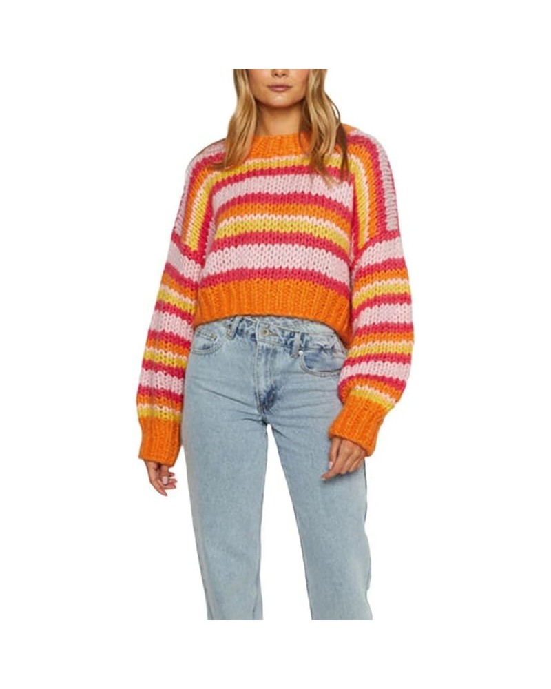 Women 2023 Fall Winter Striped Sweater Casual Crew Neck Long Sleeve Pullover Ribbed Knit Color Block Jumper Crop Top 23aug26c...