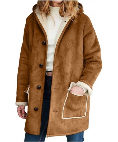 Womens Hooded Fleece Lined Suede Winter Coat Solid Button-up Mid Length Faux Fur Jackets Casual Outerwear for Women Brown $27...