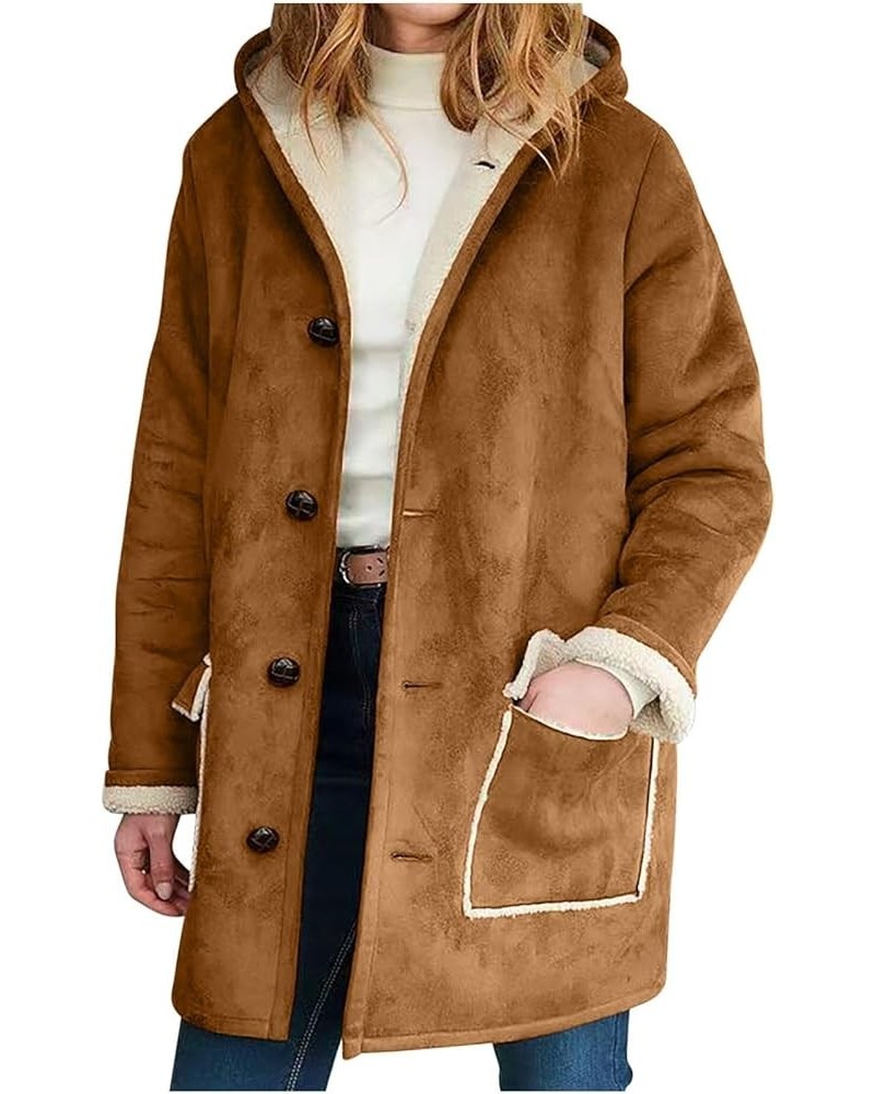 Womens Hooded Fleece Lined Suede Winter Coat Solid Button-up Mid Length Faux Fur Jackets Casual Outerwear for Women Brown $27...