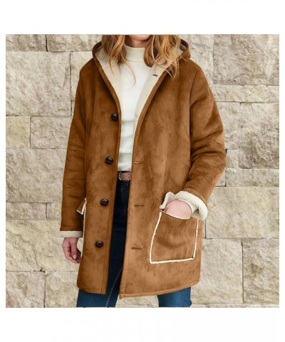 Womens Hooded Fleece Lined Suede Winter Coat Solid Button-up Mid Length Faux Fur Jackets Casual Outerwear for Women Brown $27...