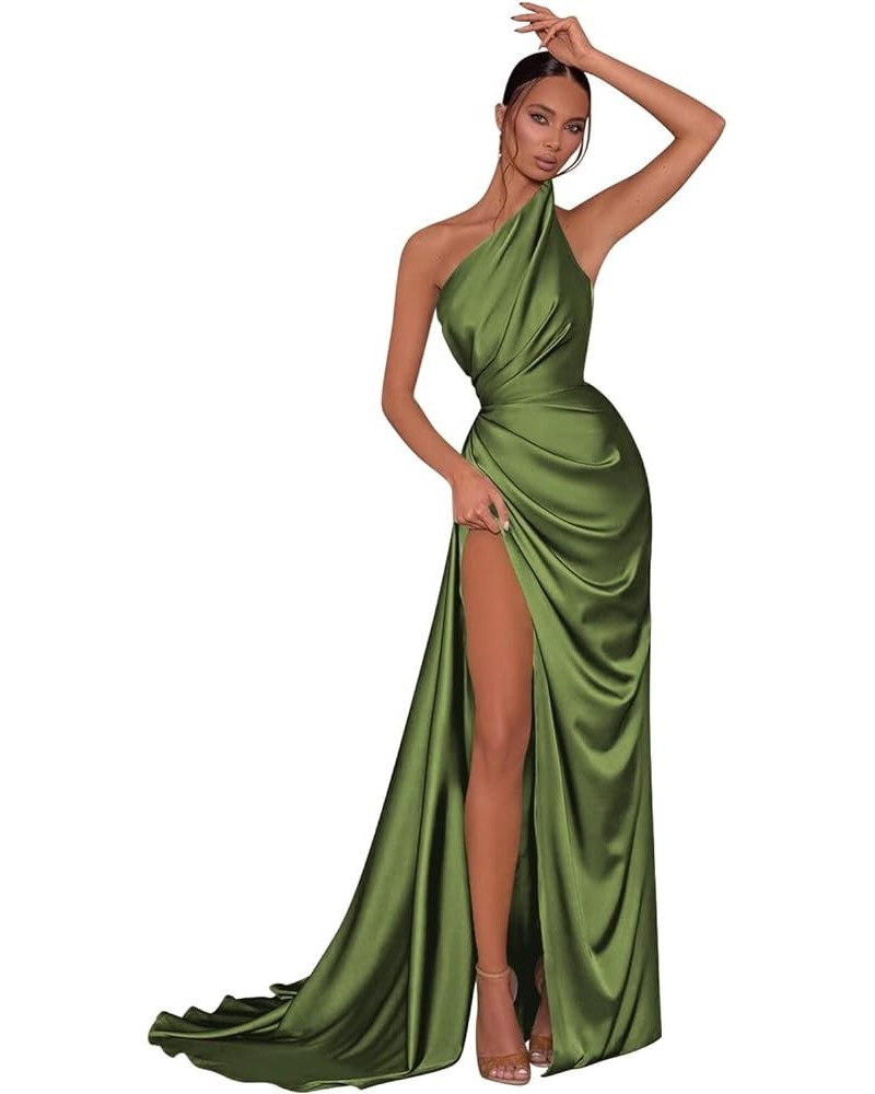 Women's One Shoulder Bridesmaid Dresses Long with Slit Pleated Satin Mermaid Formal Evening Gowns CYM121 Olive Green $33.37 D...