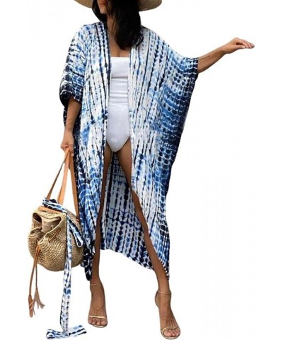 Stylish Tie Dye Open Front Long Kimono Swimsuit Cover up for Women C-blue White $15.05 Swimsuits