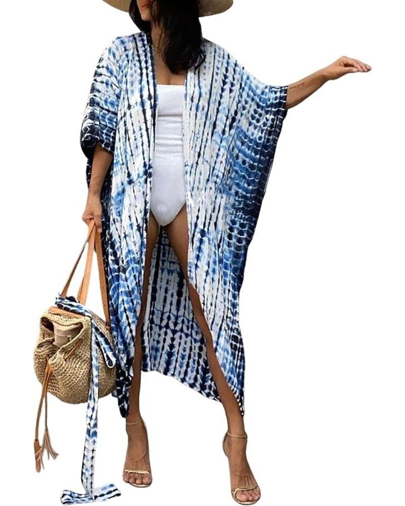 Stylish Tie Dye Open Front Long Kimono Swimsuit Cover up for Women C-blue White $15.05 Swimsuits