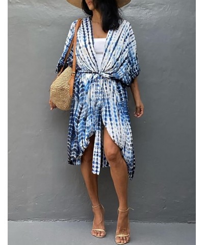 Stylish Tie Dye Open Front Long Kimono Swimsuit Cover up for Women C-blue White $15.05 Swimsuits