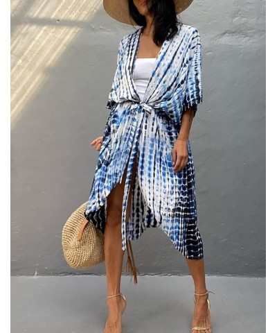 Stylish Tie Dye Open Front Long Kimono Swimsuit Cover up for Women C-blue White $15.05 Swimsuits