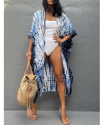 Stylish Tie Dye Open Front Long Kimono Swimsuit Cover up for Women C-blue White $15.05 Swimsuits