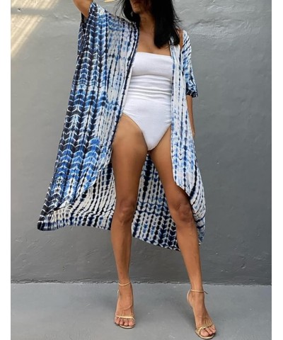 Stylish Tie Dye Open Front Long Kimono Swimsuit Cover up for Women C-blue White $15.05 Swimsuits