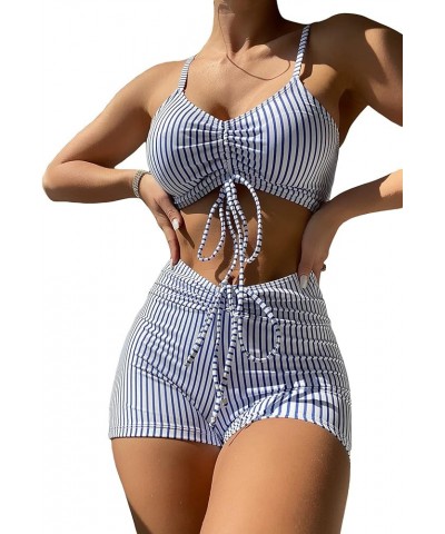 Women's Tie Dye Ruched Bikini Sets 2 Piece Bathing Suit High Waist Swimsuit with Shorts Blue and White B $17.10 Swimsuits