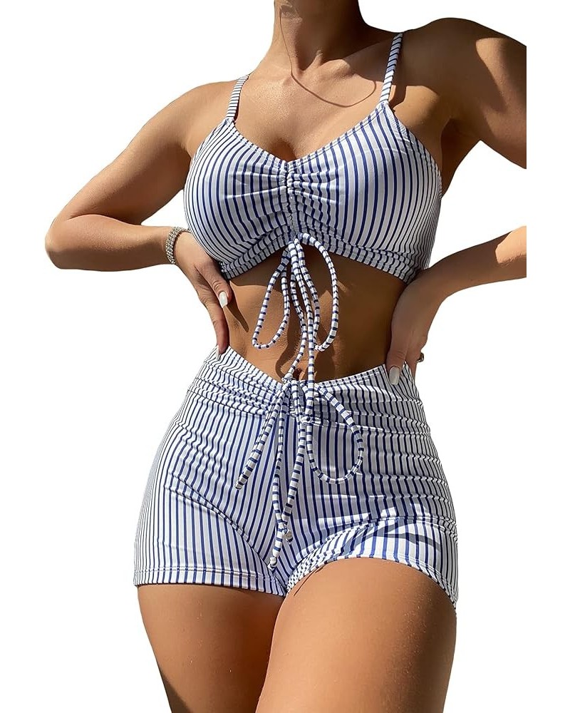 Women's Tie Dye Ruched Bikini Sets 2 Piece Bathing Suit High Waist Swimsuit with Shorts Blue and White B $17.10 Swimsuits