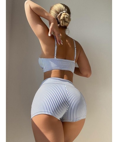 Women's Tie Dye Ruched Bikini Sets 2 Piece Bathing Suit High Waist Swimsuit with Shorts Blue and White B $17.10 Swimsuits