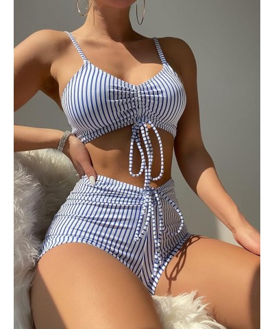 Women's Tie Dye Ruched Bikini Sets 2 Piece Bathing Suit High Waist Swimsuit with Shorts Blue and White B $17.10 Swimsuits