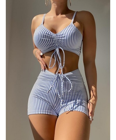 Women's Tie Dye Ruched Bikini Sets 2 Piece Bathing Suit High Waist Swimsuit with Shorts Blue and White B $17.10 Swimsuits