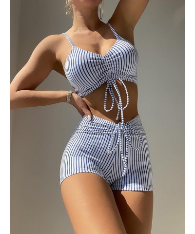 Women's Tie Dye Ruched Bikini Sets 2 Piece Bathing Suit High Waist Swimsuit with Shorts Blue and White B $17.10 Swimsuits