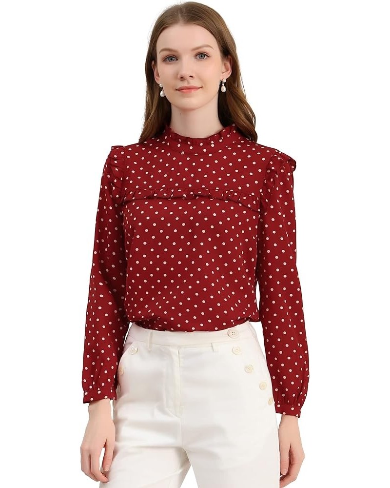 Women's Fall Fashion Long Sleeve Mock Neck Ruffle Polka Dots Blouse Tops Dark Red $15.26 Blouses