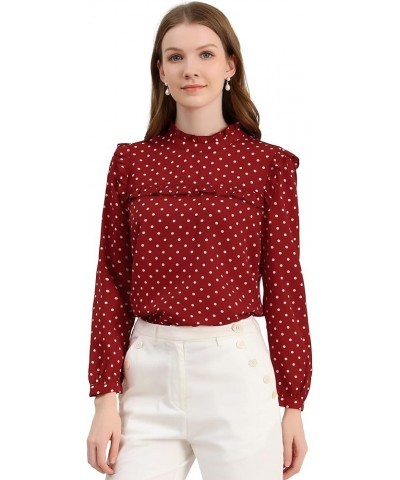 Women's Fall Fashion Long Sleeve Mock Neck Ruffle Polka Dots Blouse Tops Dark Red $15.26 Blouses