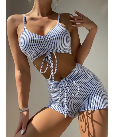 Women's Tie Dye Ruched Bikini Sets 2 Piece Bathing Suit High Waist Swimsuit with Shorts Blue and White B $17.10 Swimsuits