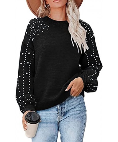 Women's Pearls Sweater Crewneck Lantern Balloon Sleeves Oversized Pullover Sweaters Black $24.00 Sweaters