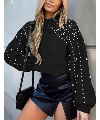 Women's Pearls Sweater Crewneck Lantern Balloon Sleeves Oversized Pullover Sweaters Black $24.00 Sweaters