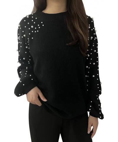 Women's Pearls Sweater Crewneck Lantern Balloon Sleeves Oversized Pullover Sweaters Black $24.00 Sweaters