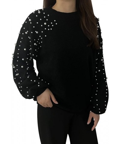 Women's Pearls Sweater Crewneck Lantern Balloon Sleeves Oversized Pullover Sweaters Black $24.00 Sweaters