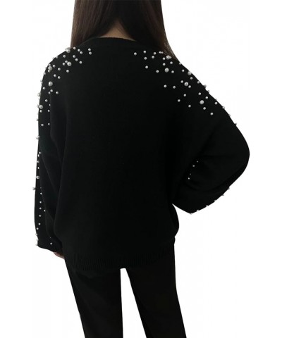 Women's Pearls Sweater Crewneck Lantern Balloon Sleeves Oversized Pullover Sweaters Black $24.00 Sweaters