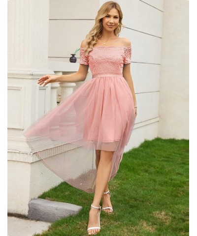 Womens Off The Shoulder Short Sleeve High Low Prom Dresses 2024 for Wedding Guest Cocktail Party Formal Dress Tulle- Blush $2...