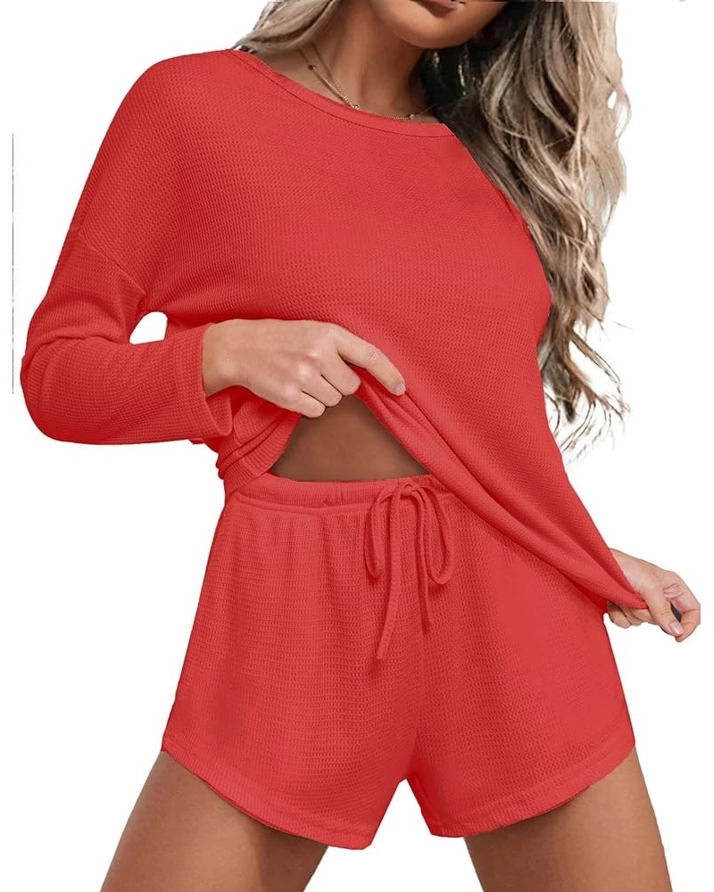 Womens Waffle Knit Pajama Sets Long Sleeve Top and Shorts Matching Lounge Set Loungewear Sweatsuit with Pockets Red $19.36 Sl...