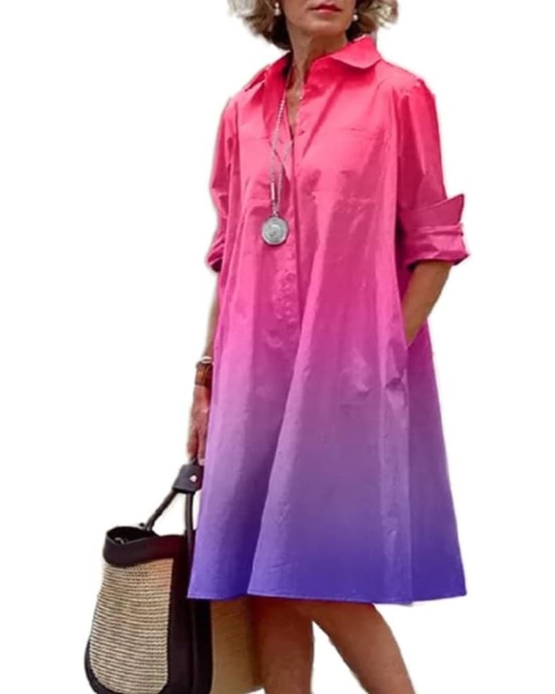 Womens Linen Long Sleeve Midi Printed Button Down Shirt Dress Plus Size Casual Shirt Dresses for Women with Pockets Gradientp...