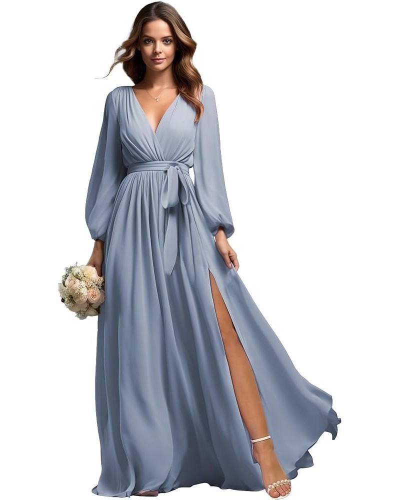Long Sleeve Bridesmaid Dresses for Women Chiffon V-Neck Formal Evening Gowns with Slit Dusty Blue $30.75 Dresses