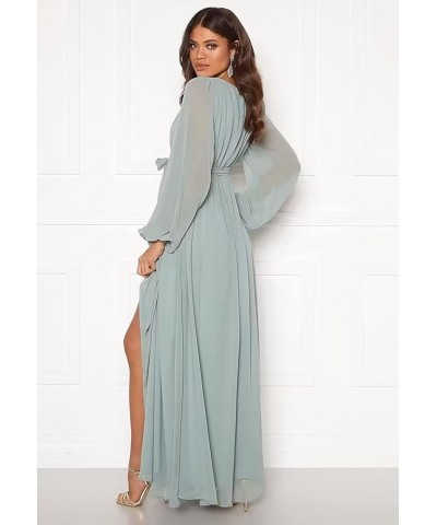 Long Sleeve Bridesmaid Dresses for Women Chiffon V-Neck Formal Evening Gowns with Slit Dusty Blue $30.75 Dresses