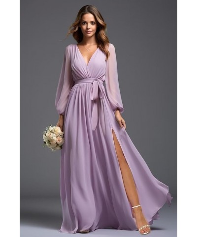 Long Sleeve Bridesmaid Dresses for Women Chiffon V-Neck Formal Evening Gowns with Slit Dusty Blue $30.75 Dresses