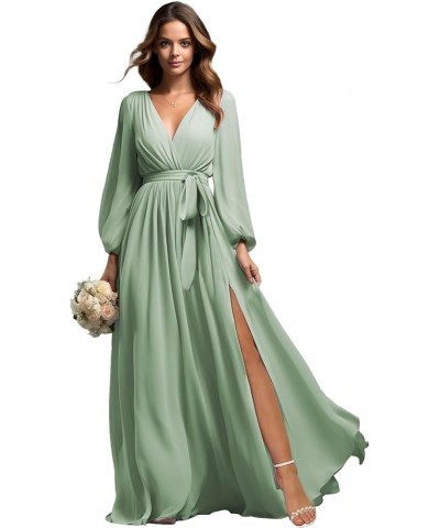 Long Sleeve Bridesmaid Dresses for Women Chiffon V-Neck Formal Evening Gowns with Slit Dusty Blue $30.75 Dresses