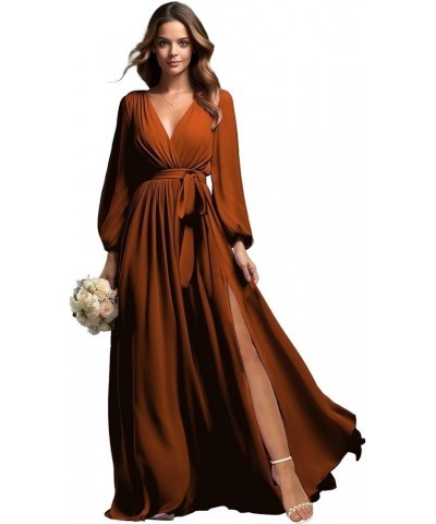 Long Sleeve Bridesmaid Dresses for Women Chiffon V-Neck Formal Evening Gowns with Slit Dusty Blue $30.75 Dresses