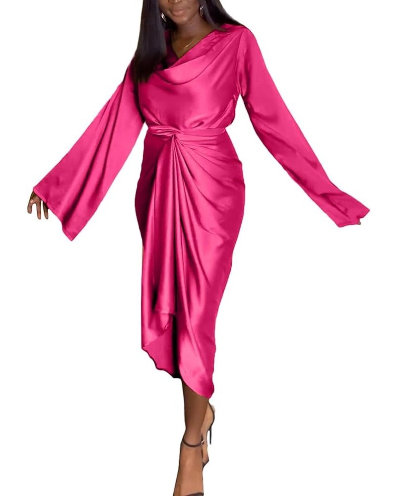Women's Elegant Midi Satin Dress Long Sleeve Floral Wrap Crewneck Plus Size Pencil Silk Wedding Maxi Dresses L477-rose $20.90...