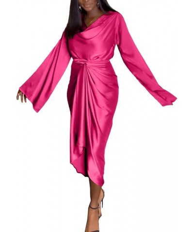 Women's Elegant Midi Satin Dress Long Sleeve Floral Wrap Crewneck Plus Size Pencil Silk Wedding Maxi Dresses L477-rose $20.90...