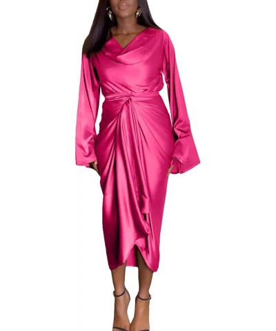 Women's Elegant Midi Satin Dress Long Sleeve Floral Wrap Crewneck Plus Size Pencil Silk Wedding Maxi Dresses L477-rose $20.90...