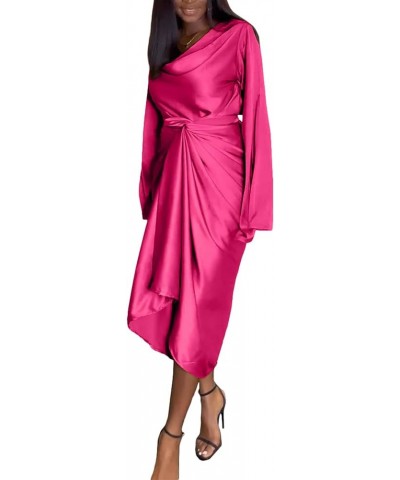 Women's Elegant Midi Satin Dress Long Sleeve Floral Wrap Crewneck Plus Size Pencil Silk Wedding Maxi Dresses L477-rose $20.90...