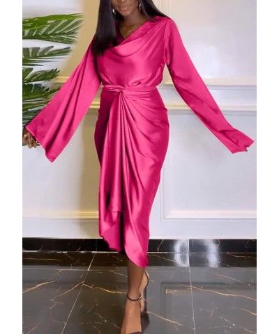 Women's Elegant Midi Satin Dress Long Sleeve Floral Wrap Crewneck Plus Size Pencil Silk Wedding Maxi Dresses L477-rose $20.90...